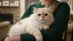 Gato persa branco nos braços de uma pessoa vestida com camisola verde em casa.